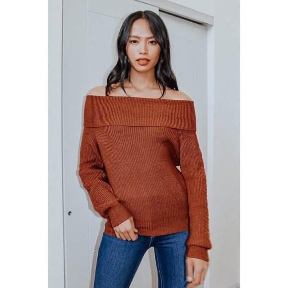 Lulu's Cozy Love Rust Red Ribbed Off the Shoulder Sweater M - Picture 1 of 4